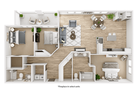 Floor plan for 3 beds, 2 baths, 1381 sqft